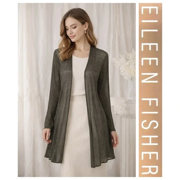 Eileen Fisher Dark Green Sheer Hemp Blend Open Front Cardigan Quiet Luxury L - Picture 1 of 8